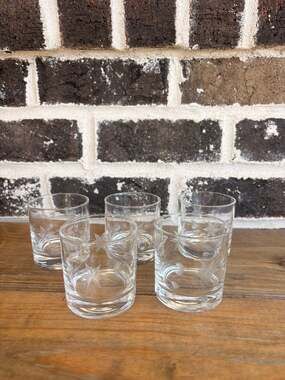 Set of 6 Etched Floral Whiskey Glasses Clear Vintage Style Lowball Tumblers